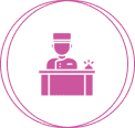 Hotel receptionist icon in pink circle.