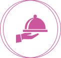 Pink hand holding serving tray icon.