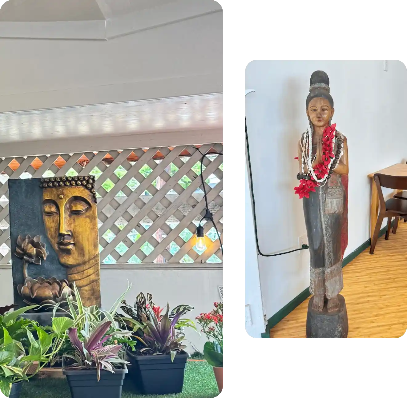 Buddha statues with plants and decorations.
