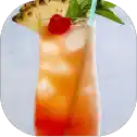 Tropical cocktail with pineapple and cherry garnish.