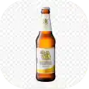 Beer bottle with white and yellow label.