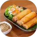 Spring rolls with salad and dipping sauce.