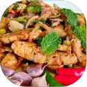 Spicy Thai pork salad with herbs.