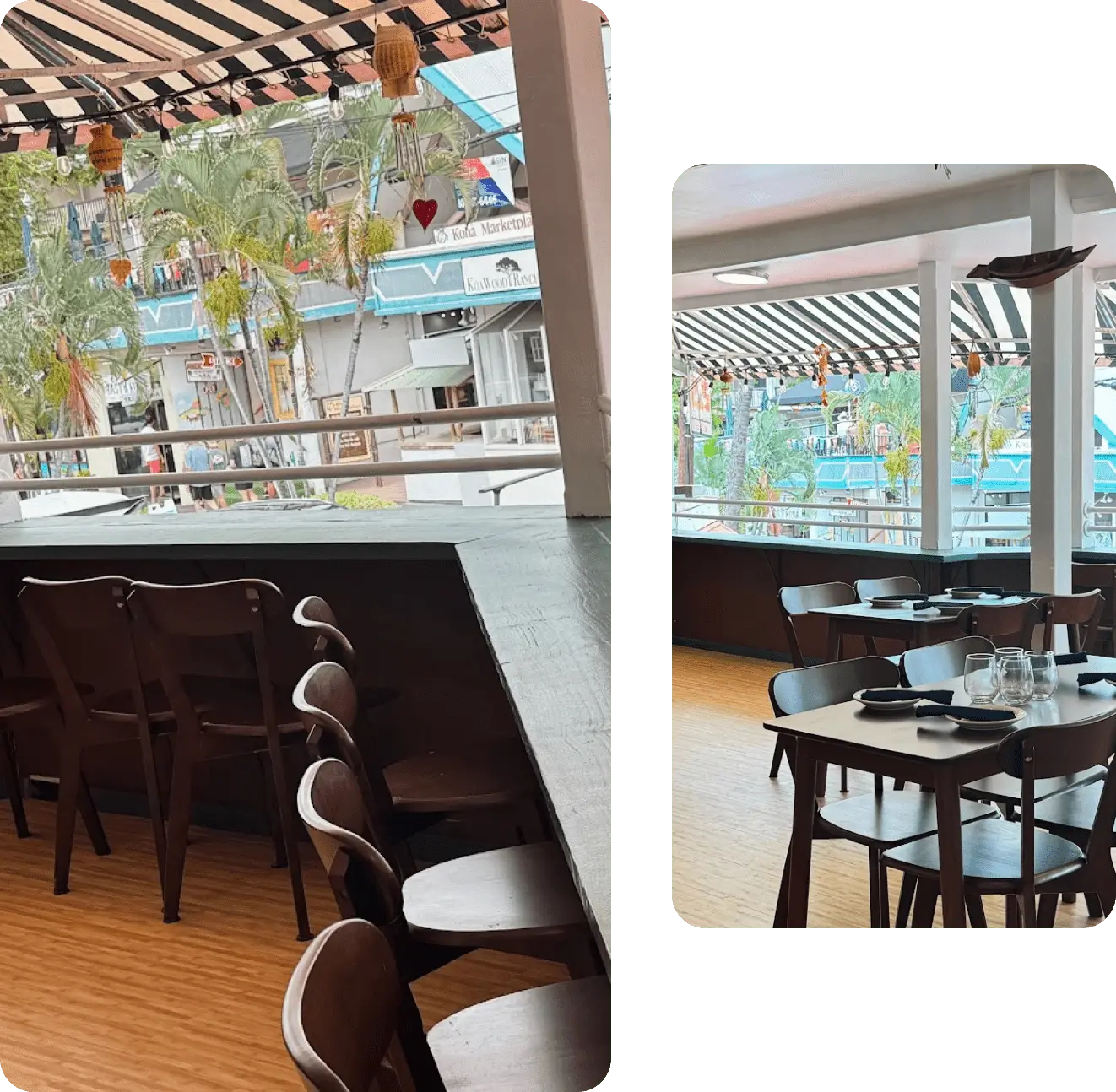 Outdoor patio with wooden chairs and tables.